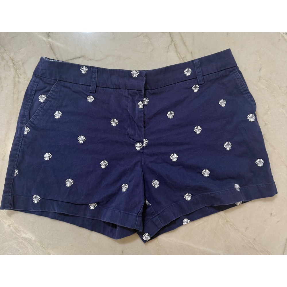 British Khaki Womens Navy Seashell Embroidered Chino Shorts Sz 10 Coastal #76